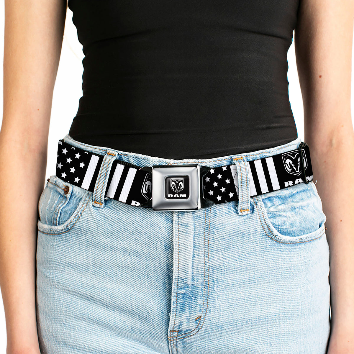 RAM Logo Full Color Black/White Seatbelt Belt - RAM Logo Americana Stars and Stripes Black/White Webbing Seatbelt Belts Ram