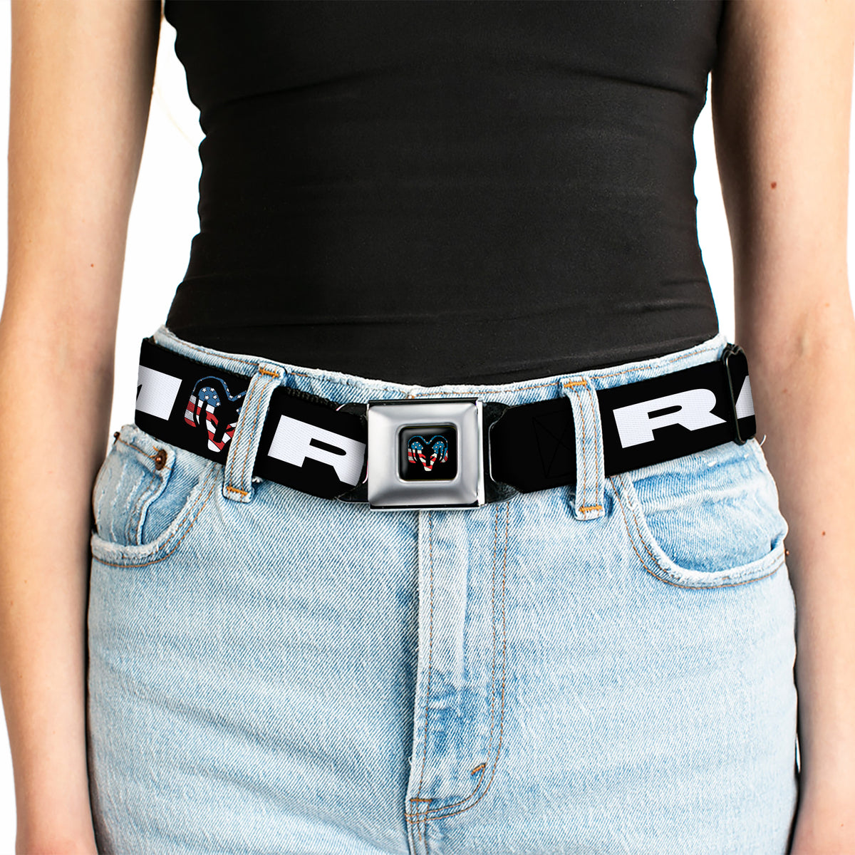 Ram Trucks Americana Logo Full Color Black/Red/White/Logo Seatbelt Belt - RAM Text Americana Logo Black/Red/White/Logo Webbing Seatbelt Belts Ram