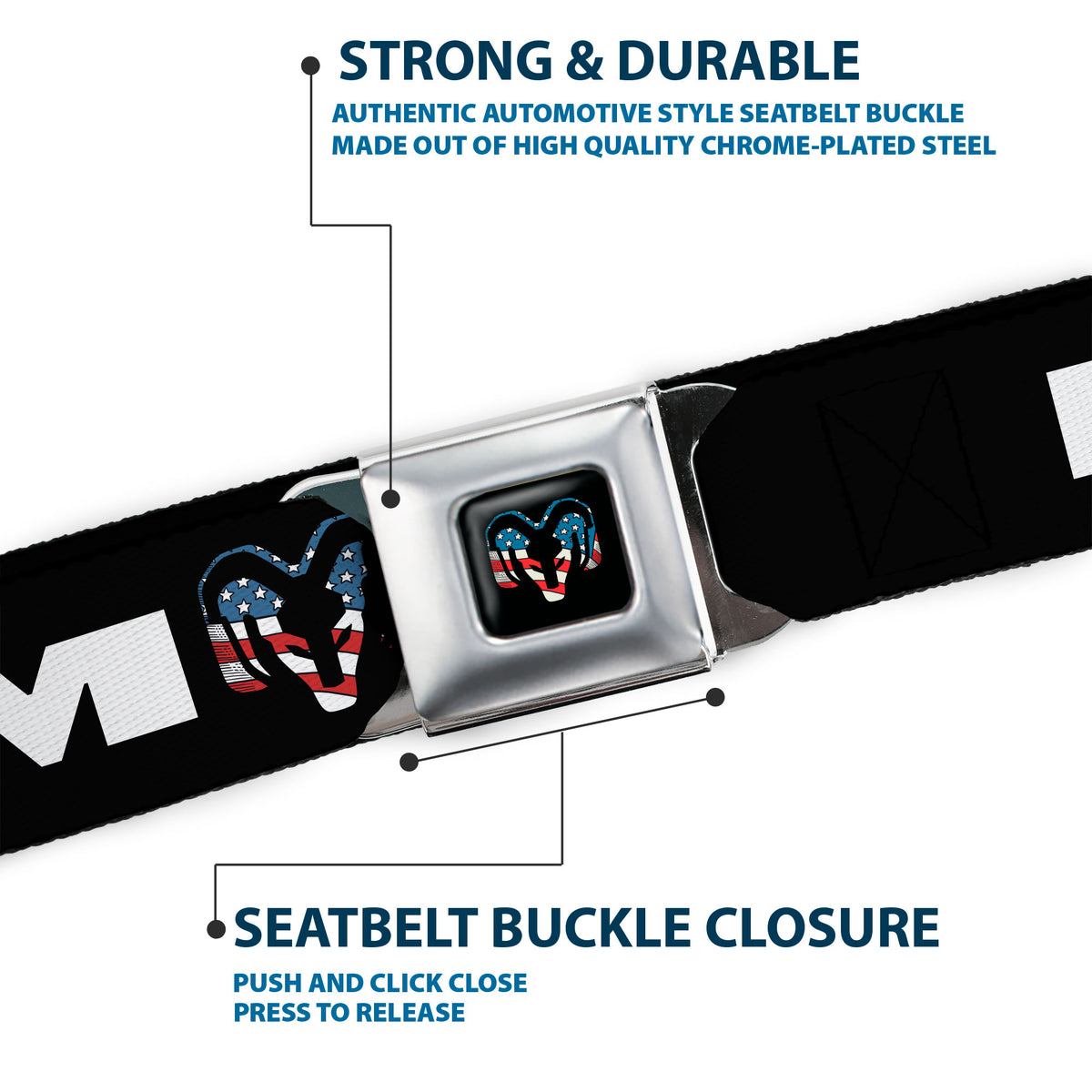 Ram Trucks Americana Logo Full Color Black/Red/White/Logo Seatbelt Belt - RAM Text Americana Logo Black/Red/White/Logo Webbing Seatbelt Belts Ram