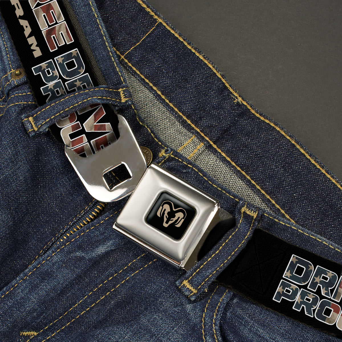 Ram Logo Full Color Black/Tan Seatbelt Belt - RAM DRIVE PROUD AND FREE Americana Black/Blue/Red/Tan Webbing Seatbelt Belts Ram