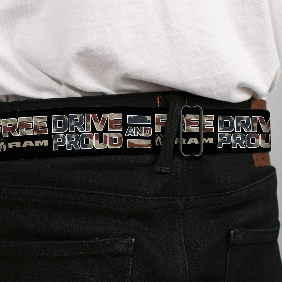 Ram Logo Full Color Black/Tan Seatbelt Belt - RAM DRIVE PROUD AND FREE Americana Black/Blue/Red/Tan Webbing Seatbelt Belts Ram