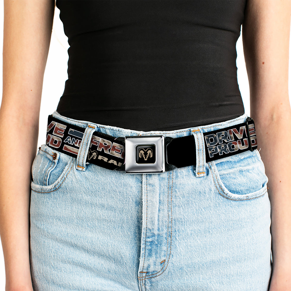 Ram Logo Full Color Black/Tan Seatbelt Belt - RAM DRIVE PROUD AND FREE Americana Black/Blue/Red/Tan Webbing Seatbelt Belts Ram