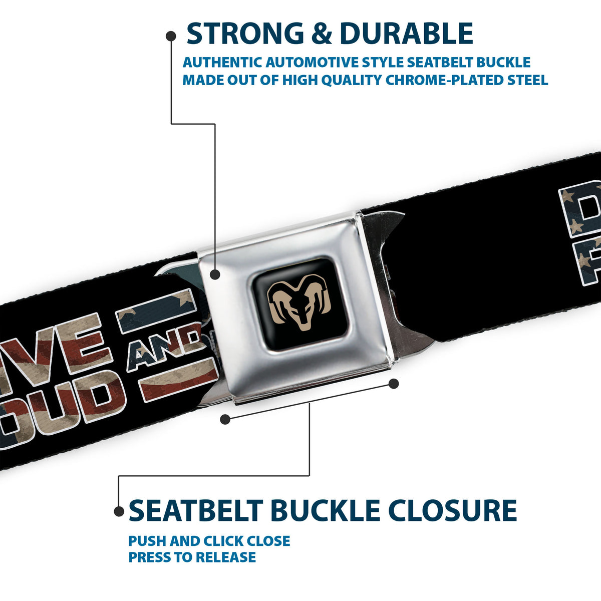 Ram Logo Full Color Black/Tan Seatbelt Belt - RAM DRIVE PROUD AND FREE Americana Black/Blue/Red/Tan Webbing Seatbelt Belts Ram