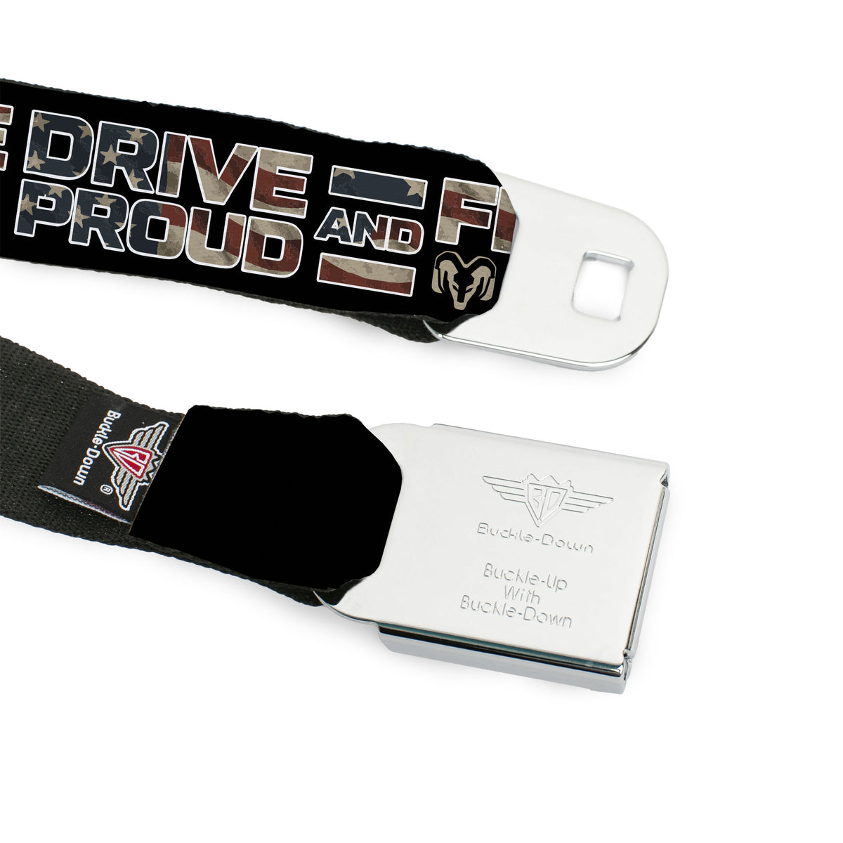 Ram Logo Full Color Black/Tan Seatbelt Belt - RAM DRIVE PROUD AND FREE Americana Black/Blue/Red/Tan Webbing Seatbelt Belts Ram