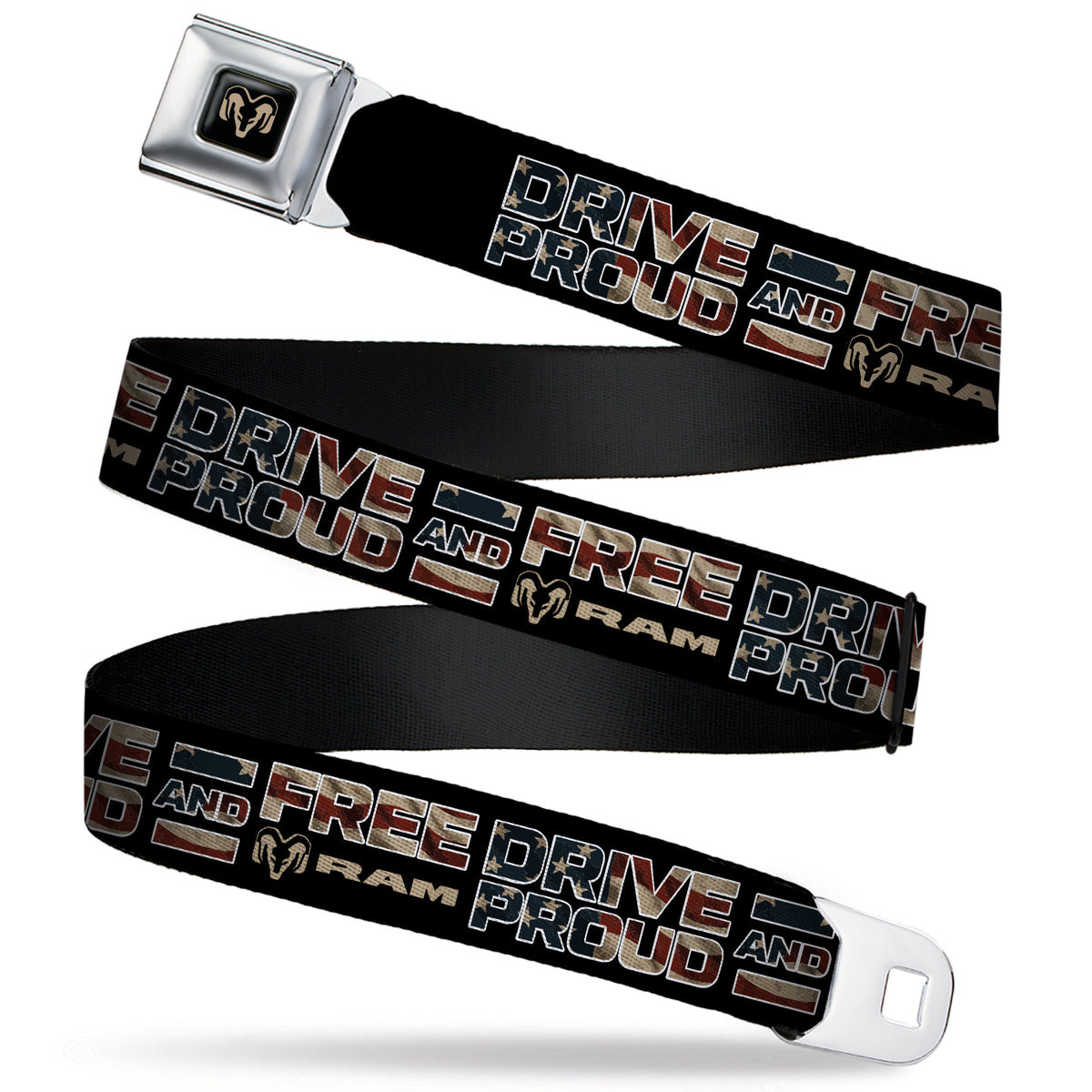 Ram Logo Full Color Black/Tan Seatbelt Belt - RAM DRIVE PROUD AND FREE Americana Black/Blue/Red/Tan Webbing Seatbelt Belts Ram