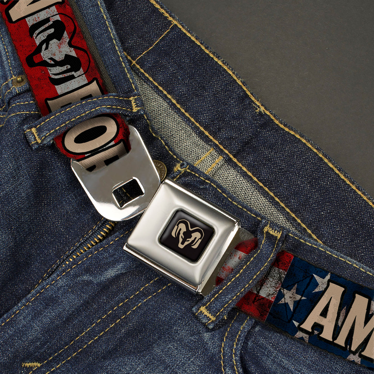 Ram Logo Full Color Black/Tan Seatbelt Belt - Ram AMERICAN BORN Stars and Stripes Logo Webbing Seatbelt Belts Ram