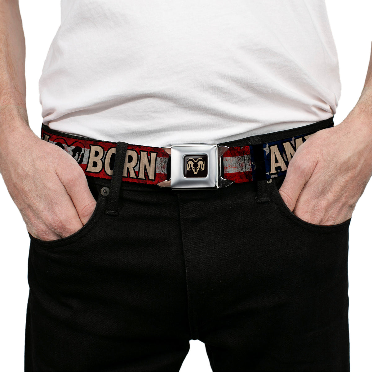 Ram Logo Full Color Black/Tan Seatbelt Belt - Ram AMERICAN BORN Stars and Stripes Logo Webbing Seatbelt Belts Ram