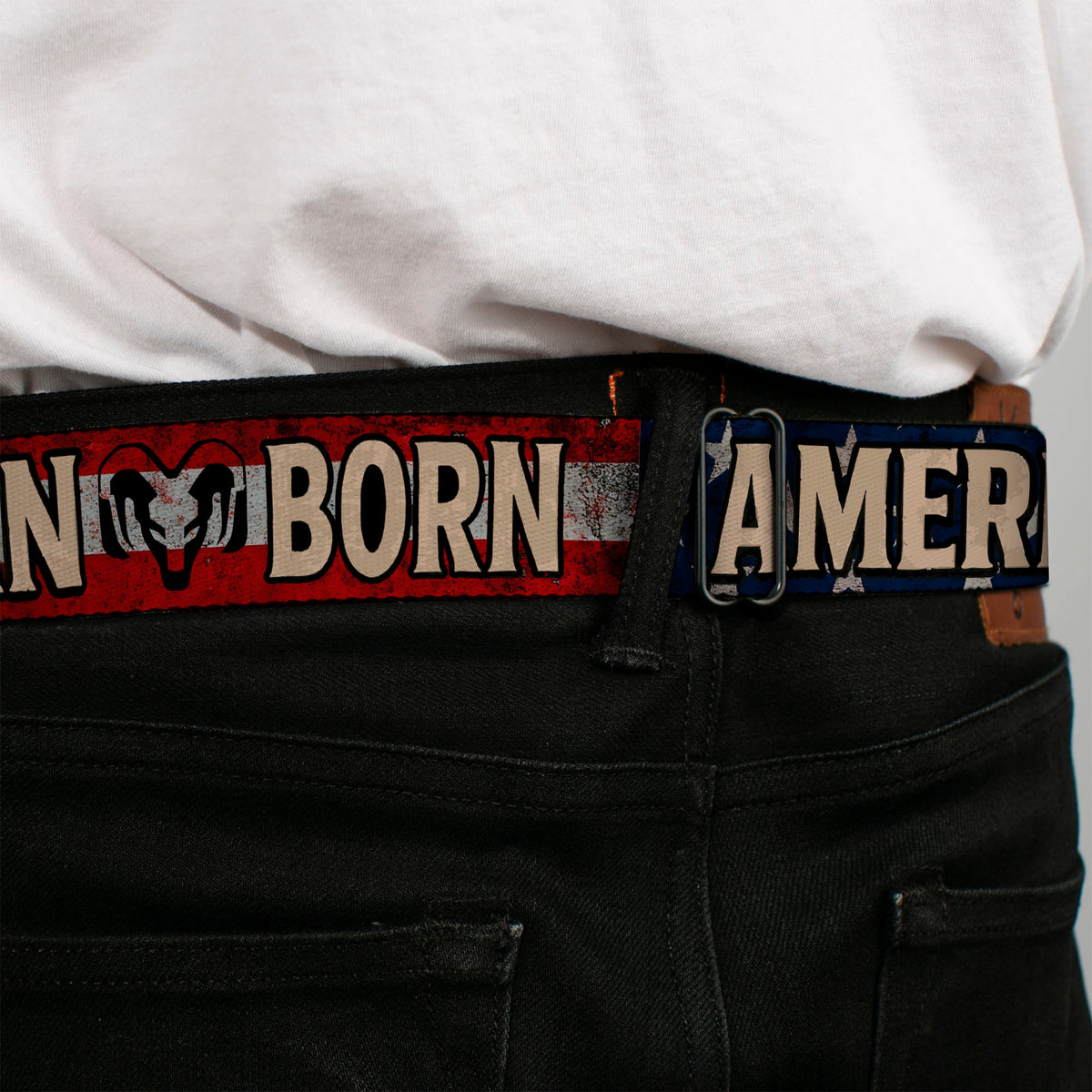 Ram Logo Full Color Black/Tan Seatbelt Belt - Ram AMERICAN BORN Stars and Stripes Logo Webbing Seatbelt Belts Ram
