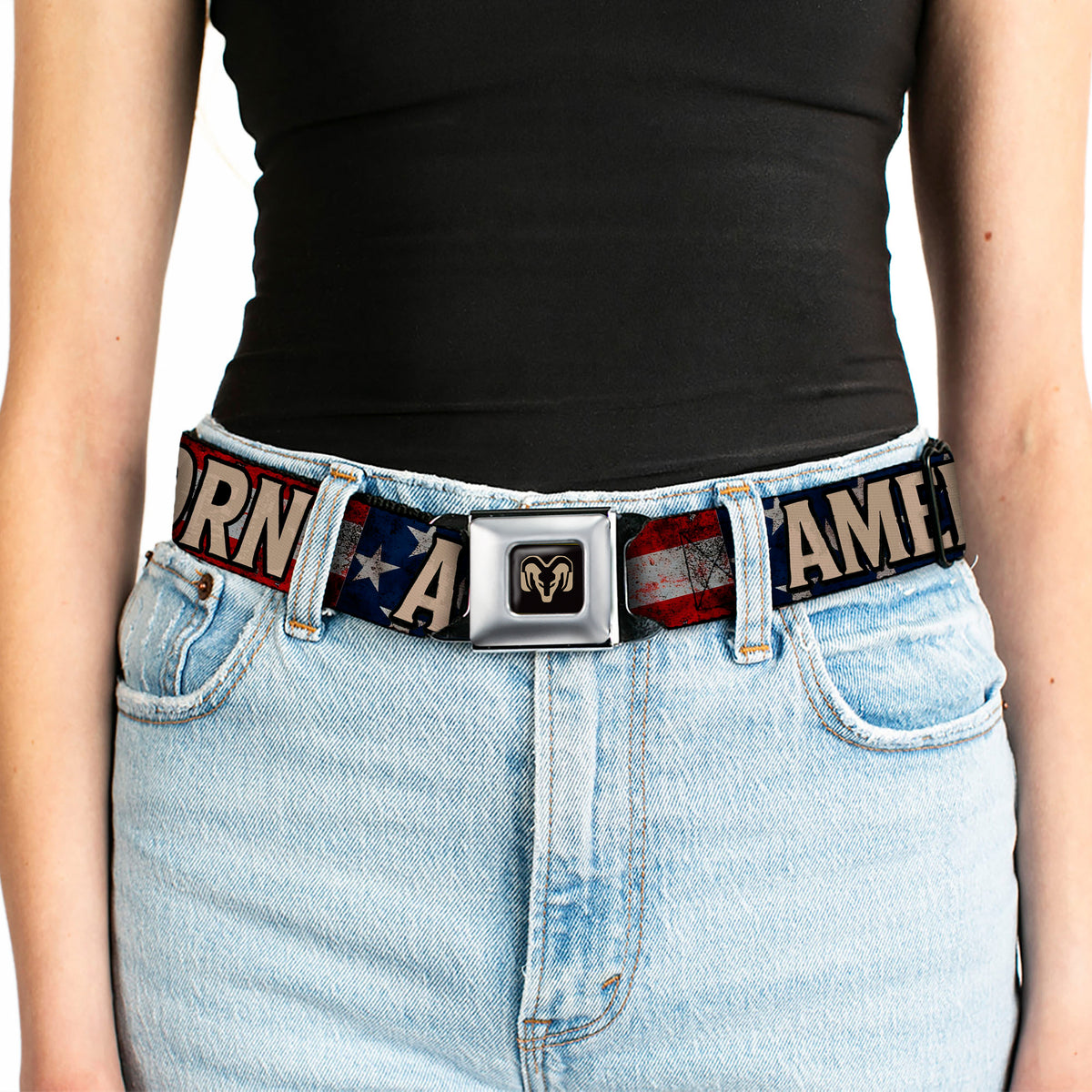 Ram Logo Full Color Black/Tan Seatbelt Belt - Ram AMERICAN BORN Stars and Stripes Logo Webbing Seatbelt Belts Ram