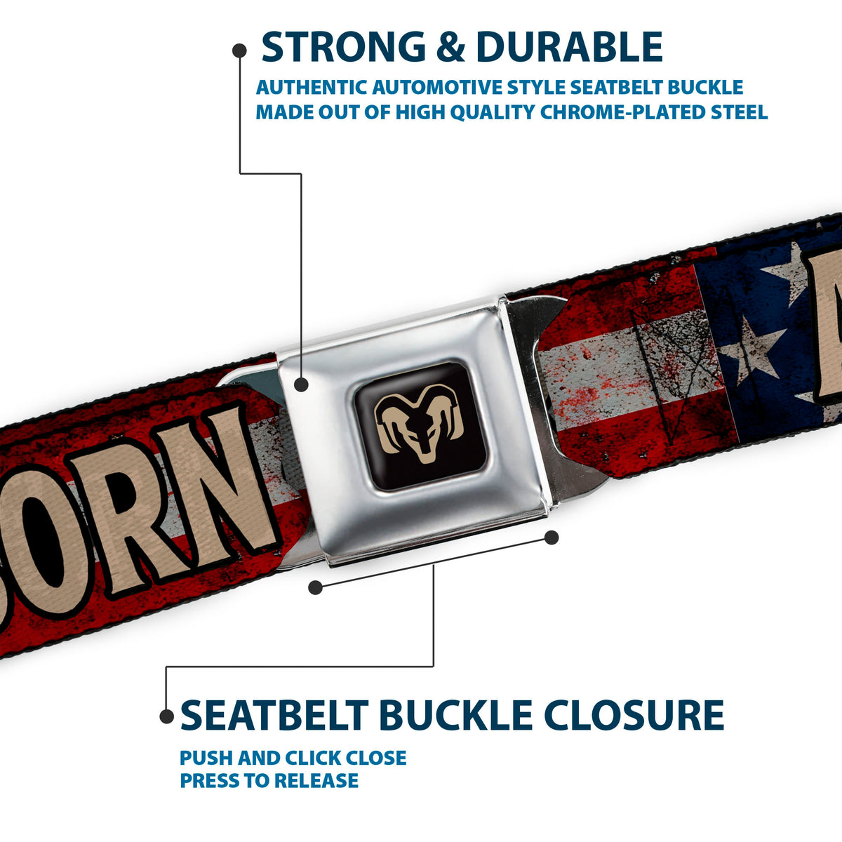 Ram Logo Full Color Black/Tan Seatbelt Belt - Ram AMERICAN BORN Stars and Stripes Logo Webbing Seatbelt Belts Ram