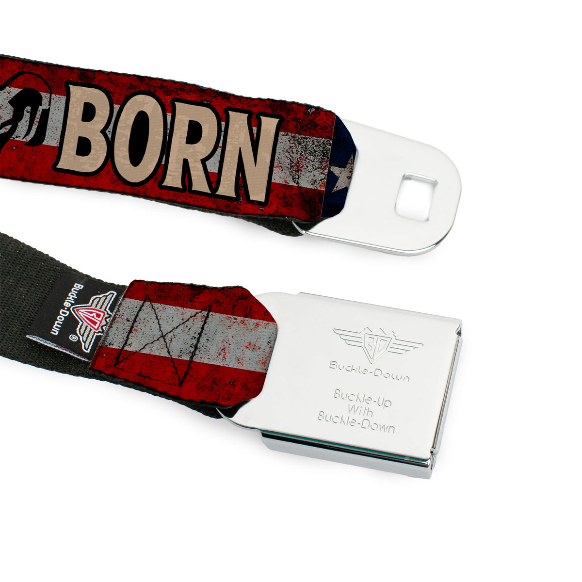 Ram Logo Full Color Black/Tan Seatbelt Belt - Ram AMERICAN BORN Stars and Stripes Logo Webbing Seatbelt Belts Ram