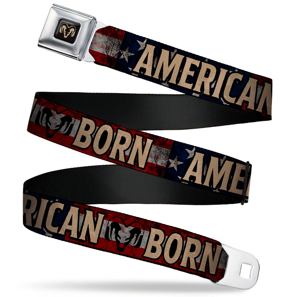Ram Logo Full Color Black/Tan Seatbelt Belt - Ram AMERICAN BORN Stars and Stripes Logo Webbing Seatbelt Belts Ram