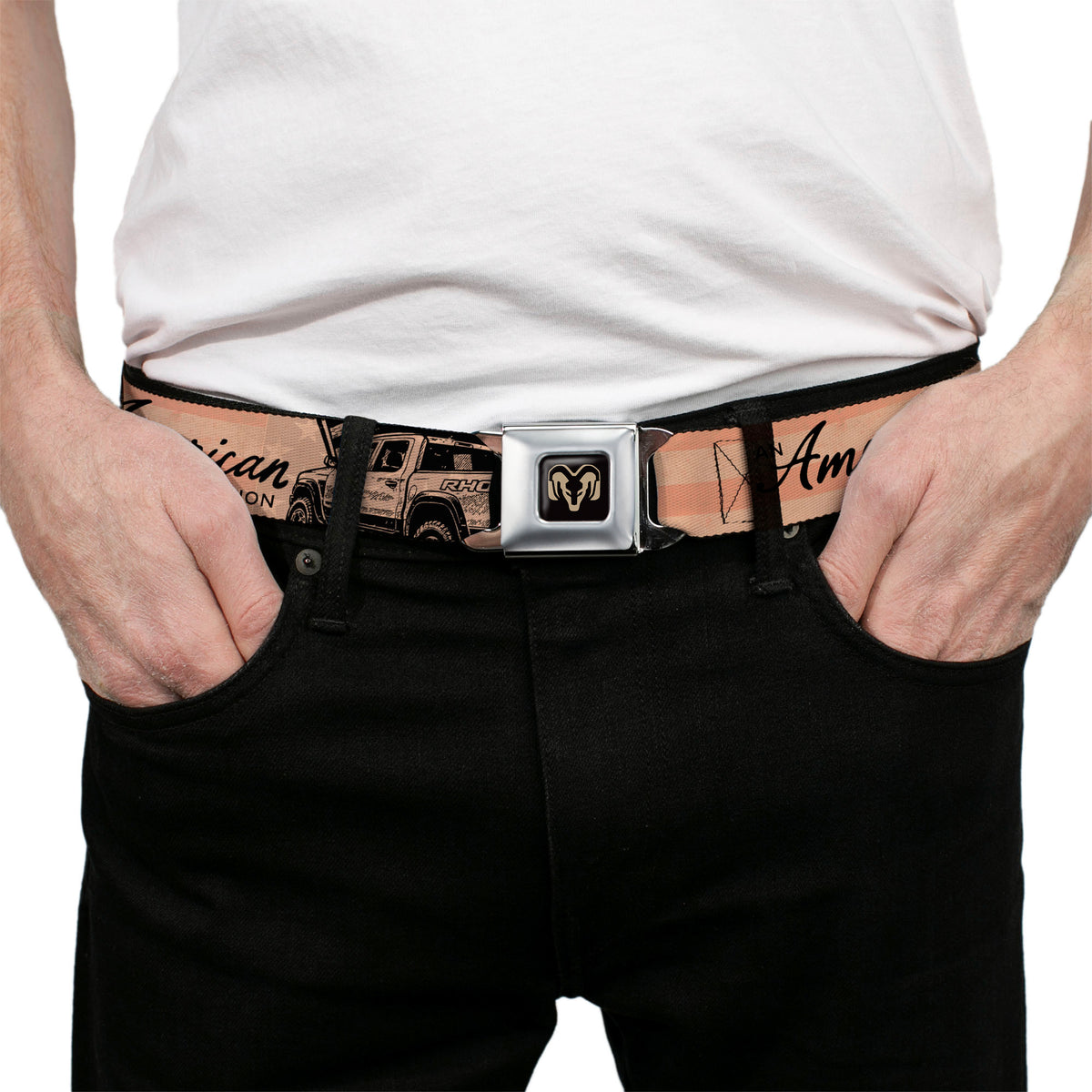 Ram Logo Full Color Black/Tan Seatbelt Belt - Ram AN AMERICAN TRADITION RHO Truck Webbing Seatbelt Belts Ram