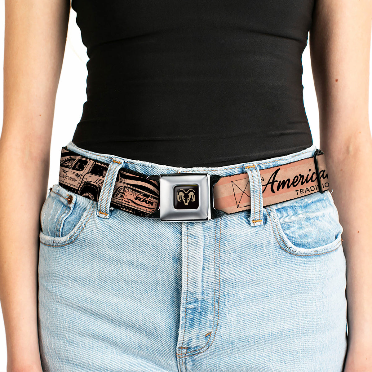 Ram Logo Full Color Black/Tan Seatbelt Belt - Ram AN AMERICAN TRADITION RHO Truck Webbing Seatbelt Belts Ram