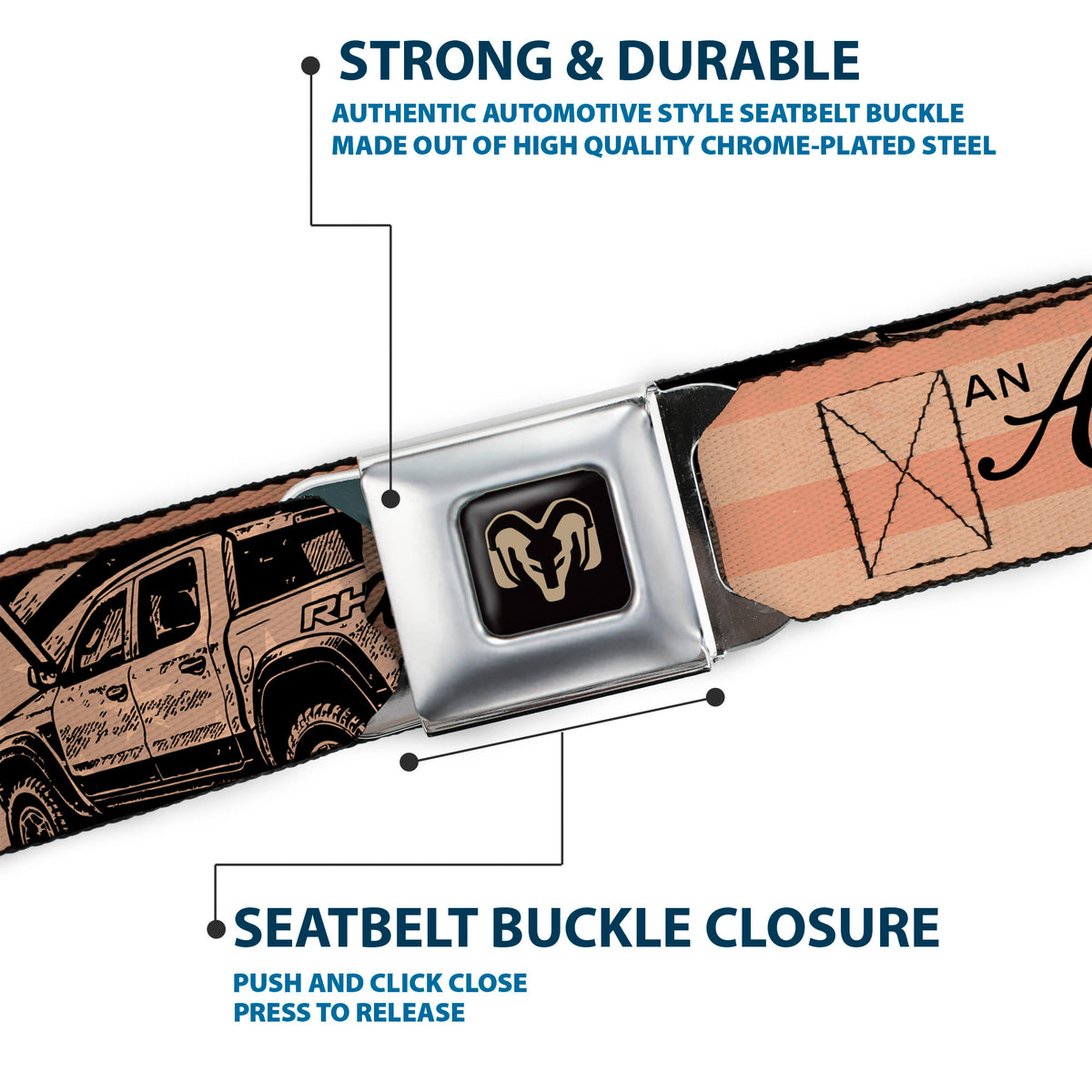 Ram Logo Full Color Black/Tan Seatbelt Belt - Ram AN AMERICAN TRADITION RHO Truck Webbing Seatbelt Belts Ram