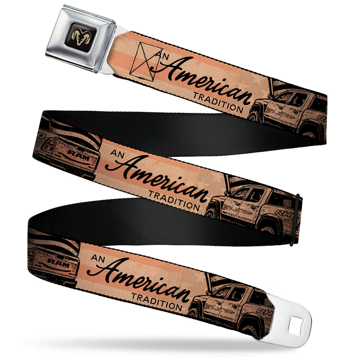Ram Logo Full Color Black/Tan Seatbelt Belt - Ram AN AMERICAN TRADITION RHO Truck Webbing Seatbelt Belts Ram