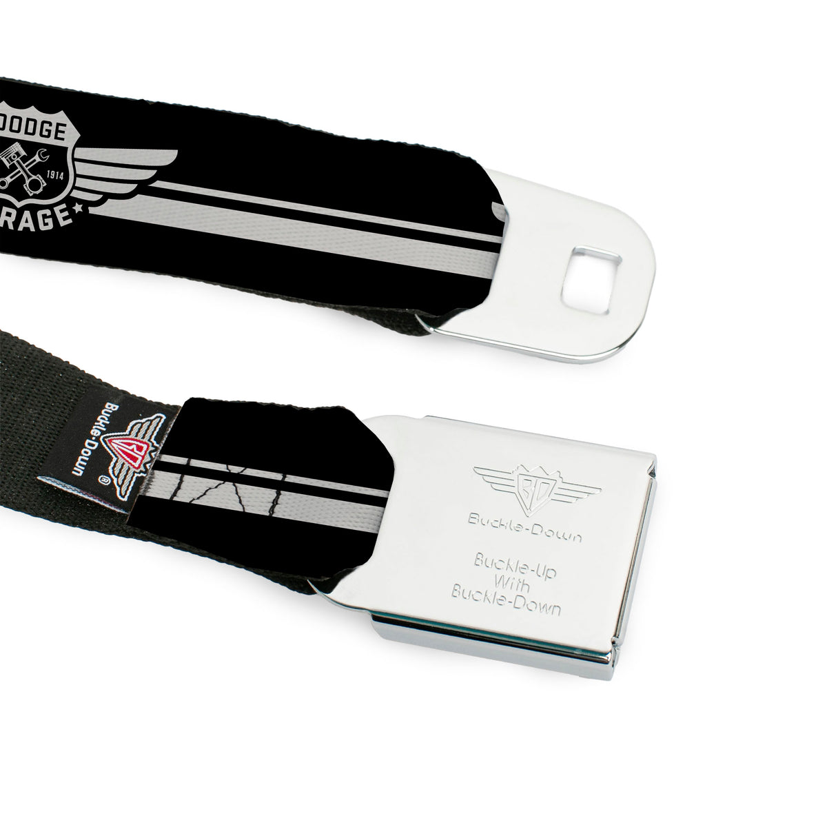 DODGE GARAGE Emblem Full Color Light Gray Black Seatbelt Belt - DODGE GARAGE Emblem Stripe Black/White Webbing Seatbelt Belts Dodge