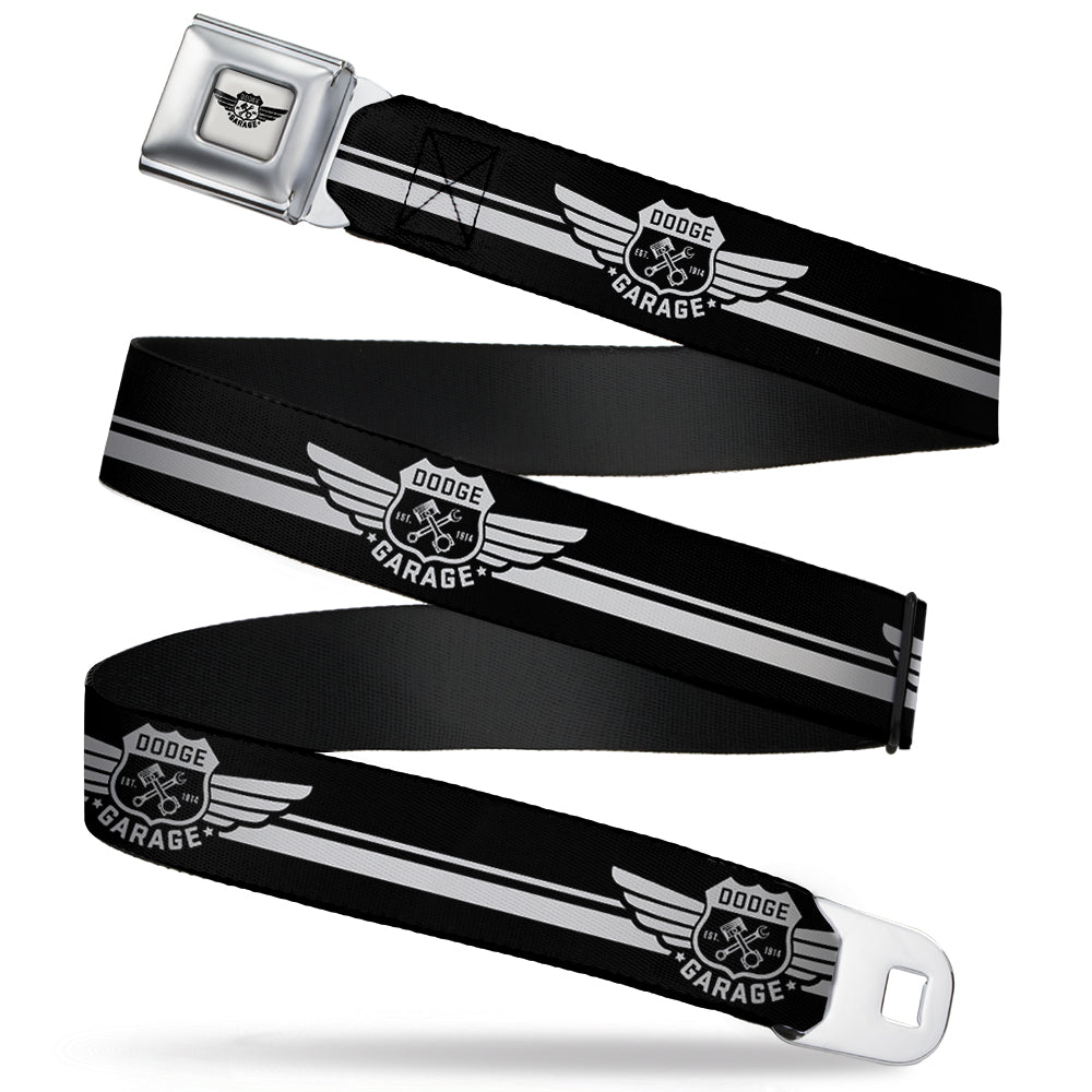 DODGE GARAGE Emblem Full Color Light Gray Black Seatbelt Belt - DODGE GARAGE Emblem Stripe Black/White Webbing Seatbelt Belts Dodge