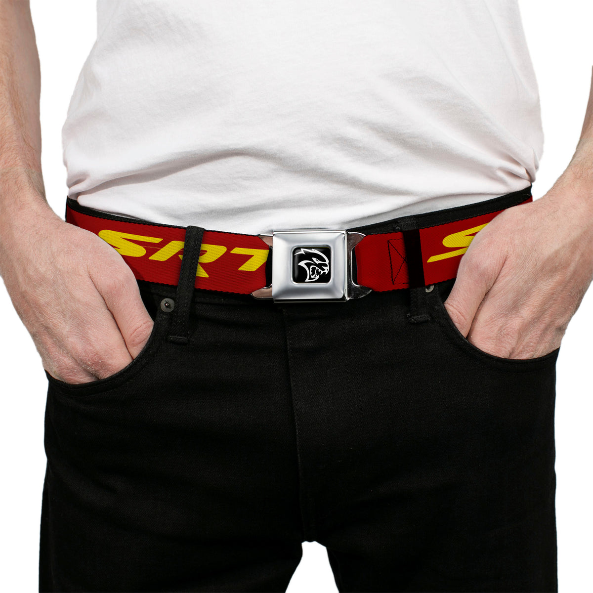 Dodge Hellcat Logo Full Color Black White Seatbelt Belt - Dodge SRT/Hellcat Logo Burgundy/Yellow Webbing Seatbelt Belts Dodge