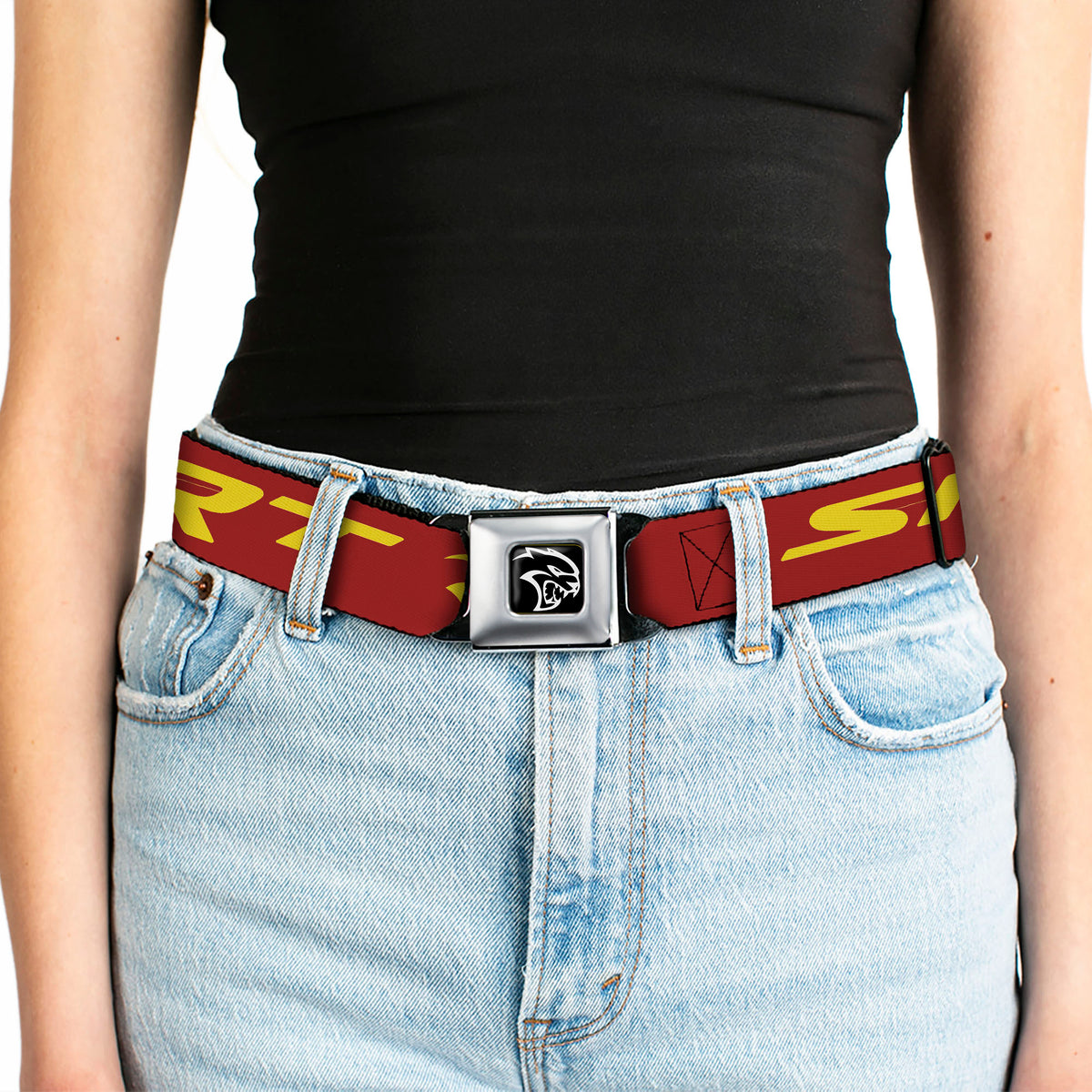 Dodge Hellcat Logo Full Color Black White Seatbelt Belt - Dodge SRT/Hellcat Logo Burgundy/Yellow Webbing Seatbelt Belts Dodge