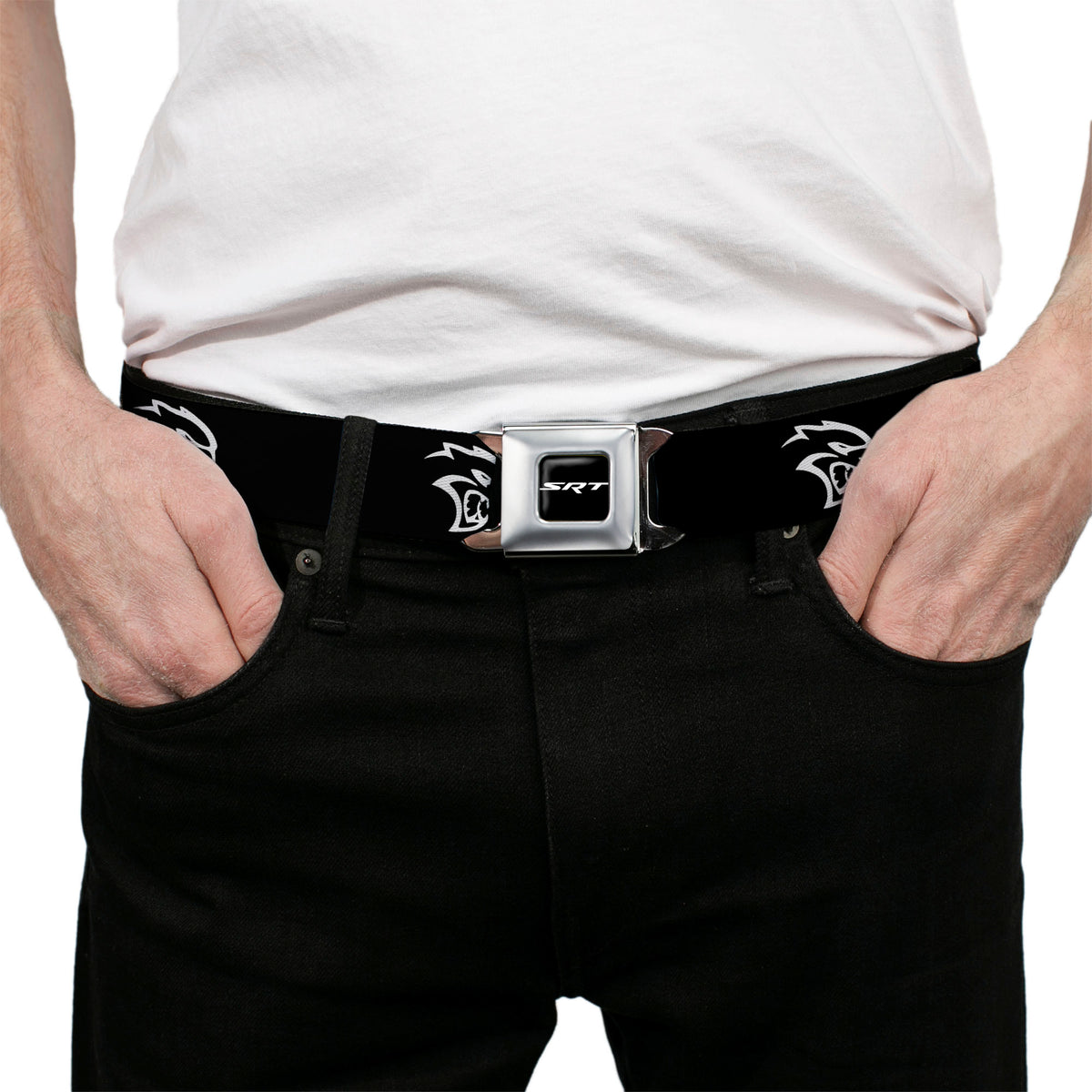 SRT Logo Full Color Black White Seatbelt Belt - Dodge Hellcat Logo Black/White Webbing Seatbelt Belts Dodge