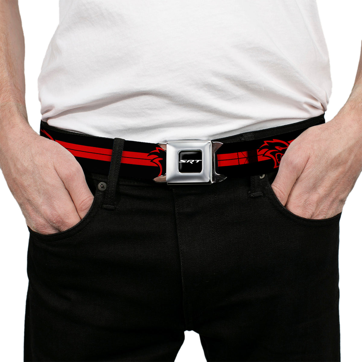SRT Logo Full Color Black White Seatbelt Belt - Dodge Hellcat Stripe Logo Black/Red Webbing Seatbelt Belts Dodge