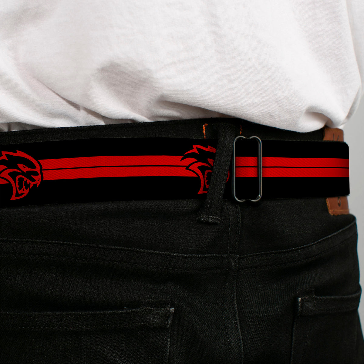 SRT Logo Full Color Black White Seatbelt Belt - Dodge Hellcat Stripe Logo Black/Red Webbing Seatbelt Belts Dodge