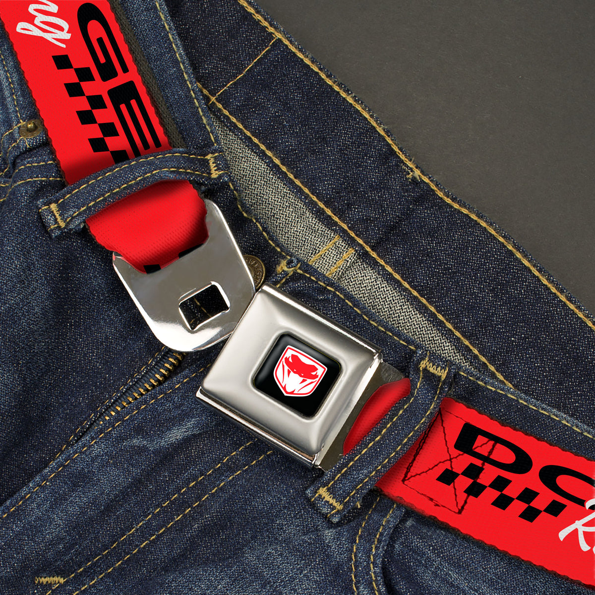 Dodge Viper Logo Full Color Black/White/Red Seatbelt Belt - DODGE RACING Text Checker Red/Black/White Webbing Seatbelt Belts Dodge