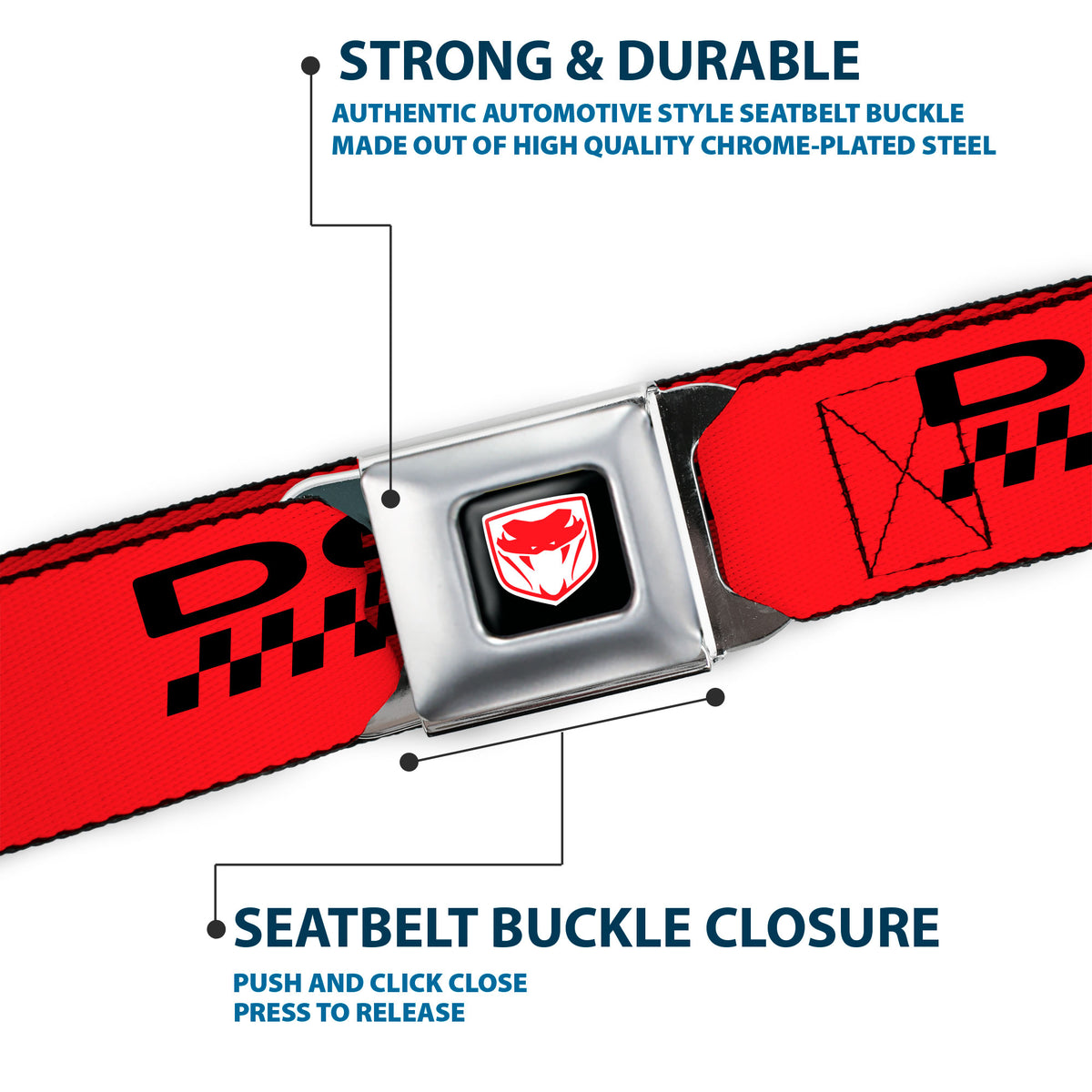 Dodge Viper Logo Full Color Black/White/Red Seatbelt Belt - DODGE RACING Text Checker Red/Black/White Webbing Seatbelt Belts Dodge