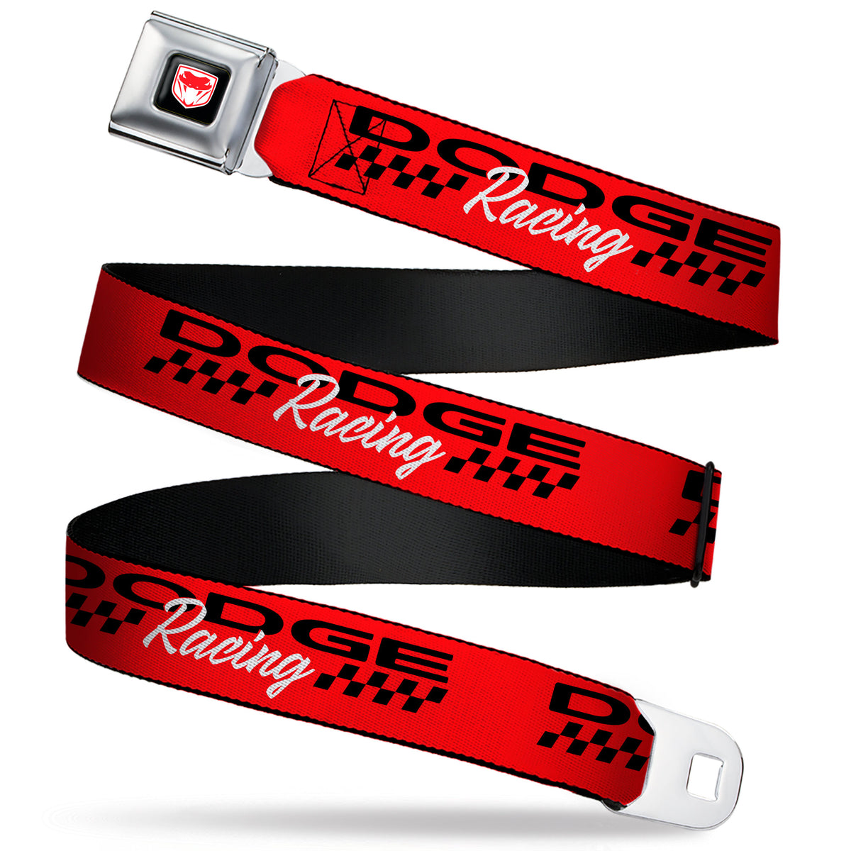 Dodge Viper Logo Full Color Black/White/Red Seatbelt Belt - DODGE RACING Text Checker Red/Black/White Webbing Seatbelt Belts Dodge