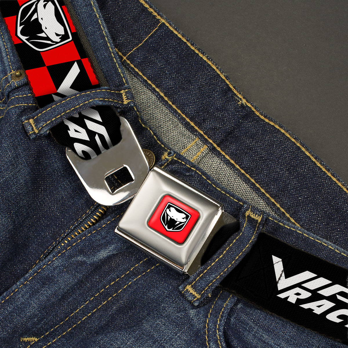 Viper Logo Full Color Red/Black/White Seatbelt Belt - VIPER RACING Logo Checker Black/Red/White Webbing Seatbelt Belts Dodge