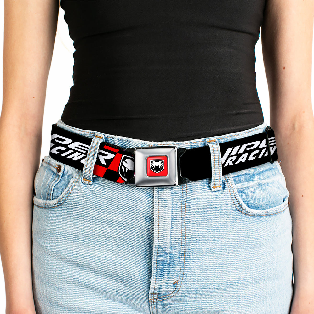 Viper Logo Full Color Red/Black/White Seatbelt Belt - VIPER RACING Logo Checker Black/Red/White Webbing Seatbelt Belts Dodge