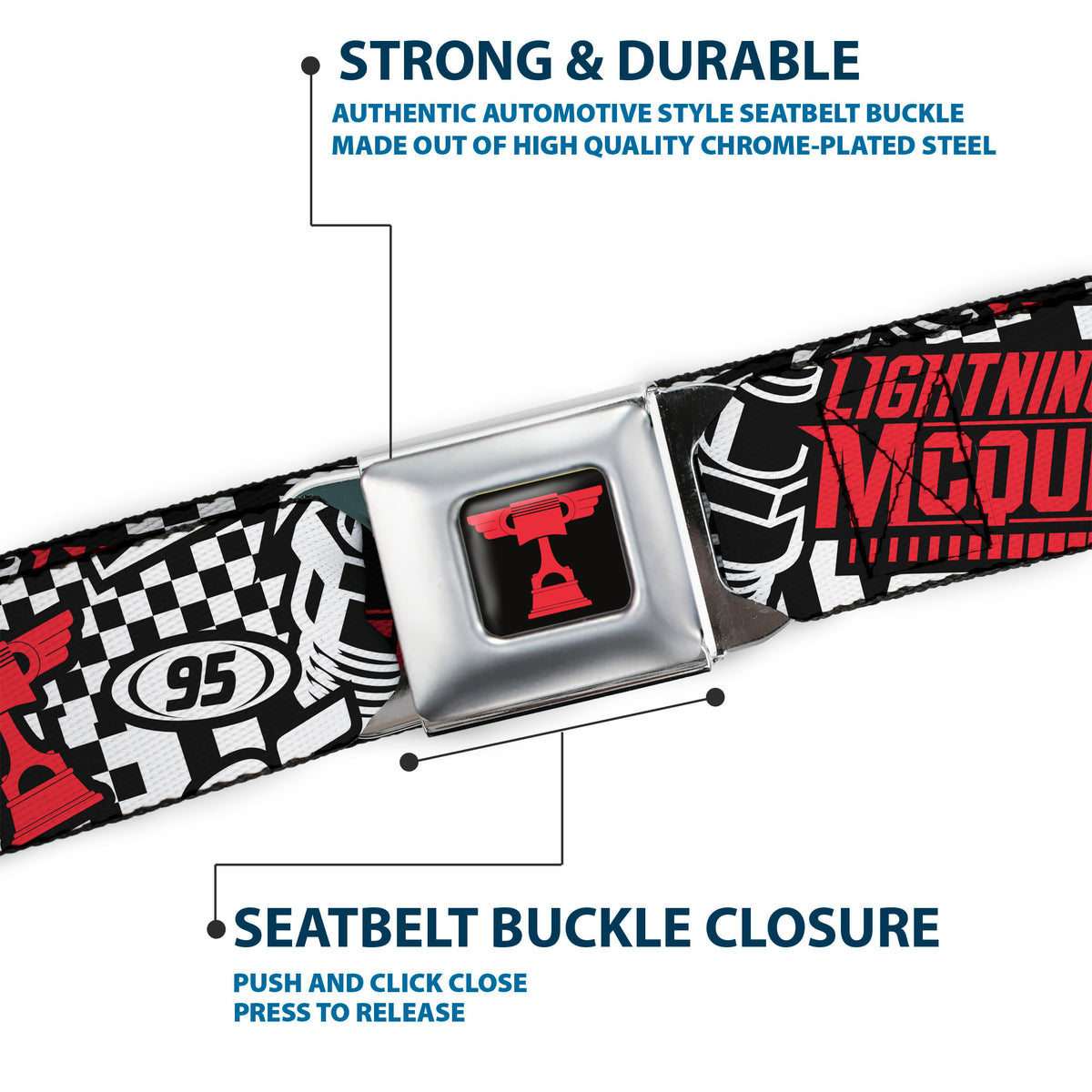 Cars Piston Cup Trophy Full Color Black/Red Seatbelt Belt - Cars Lightning McQueen Racing Collage White/Black/Red Webbing Seatbelt Belts Disney