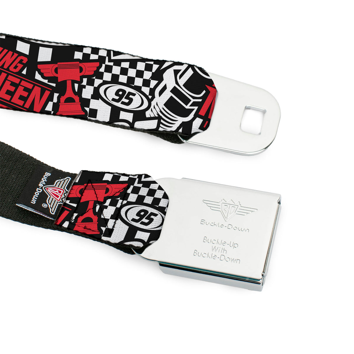 Cars Piston Cup Trophy Full Color Black/Red Seatbelt Belt - Cars Lightning McQueen Racing Collage White/Black/Red Webbing Seatbelt Belts Disney
