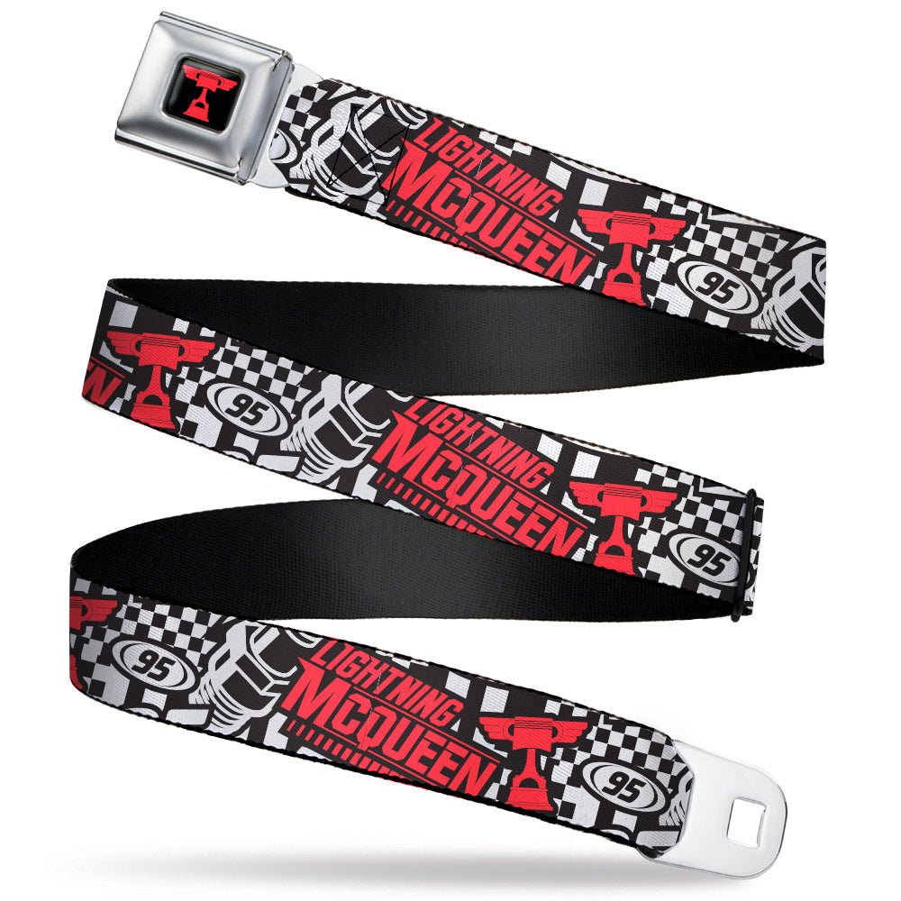 Cars Piston Cup Trophy Full Color Black/Red Seatbelt Belt - Cars Lightning McQueen Racing Collage White/Black/Red Webbing Seatbelt Belts Disney