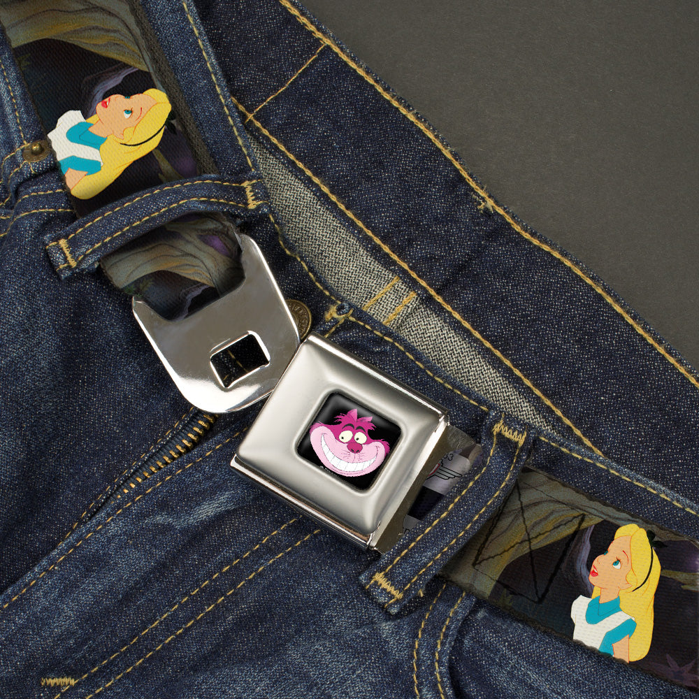 Cheshire Cat Face Full Color Black Seatbelt Belt - Alice & the Cheshire Cat Scenes Webbing Seatbelt Belts Disney