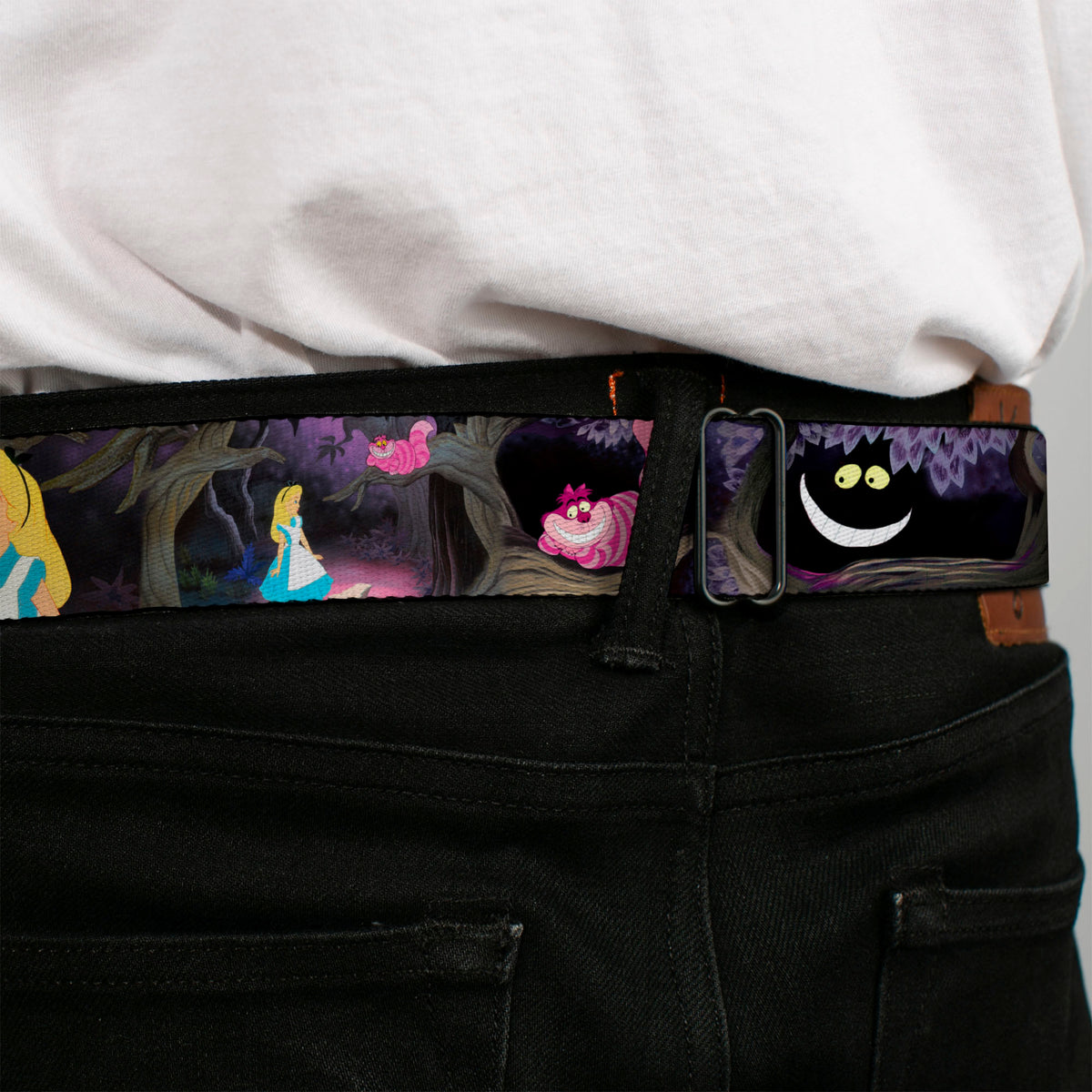 Cheshire Cat Face Full Color Black Seatbelt Belt - Alice & the Cheshire Cat Scenes Webbing Seatbelt Belts Disney