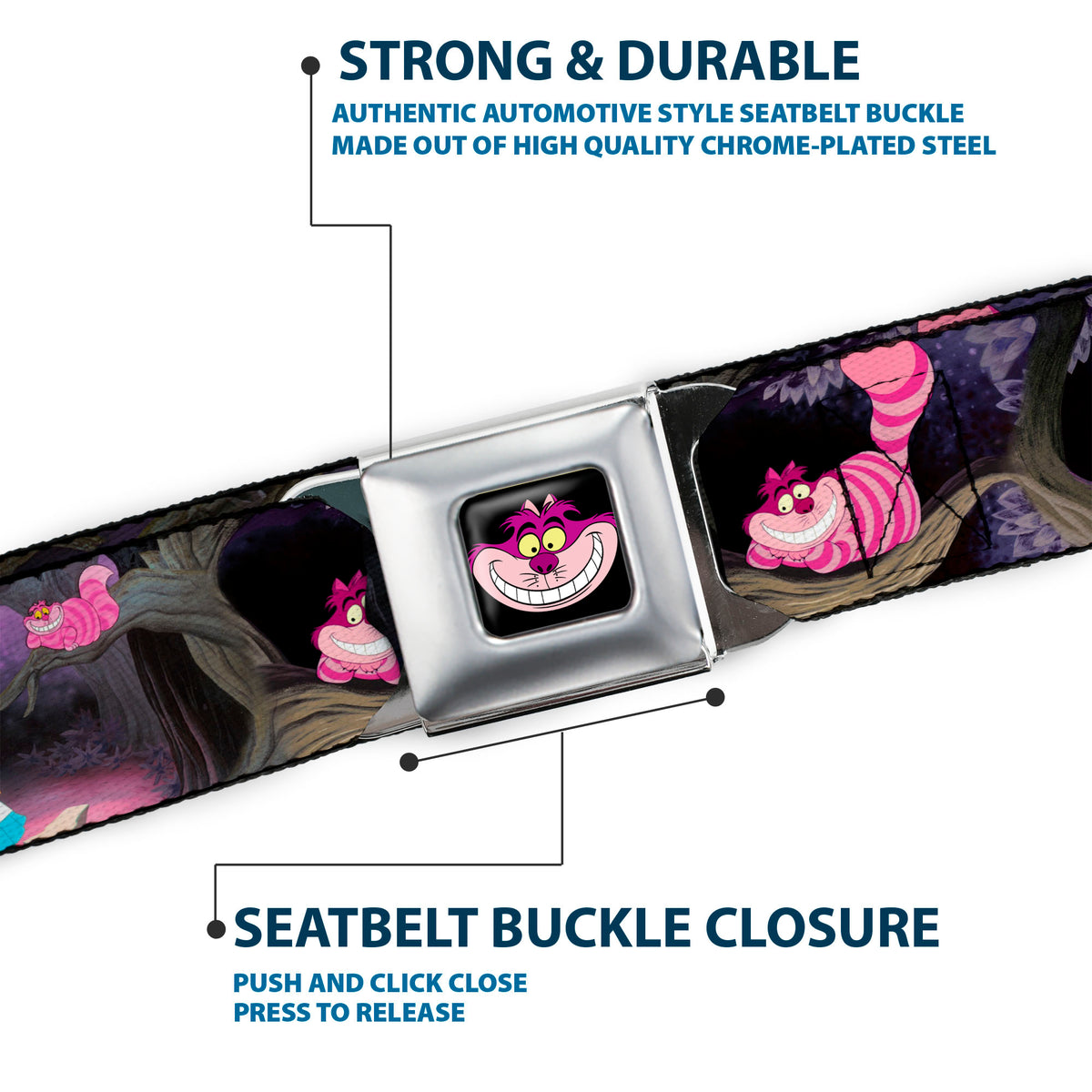 Cheshire Cat Face Full Color Black Seatbelt Belt - Alice & the Cheshire Cat Scenes Webbing Seatbelt Belts Disney