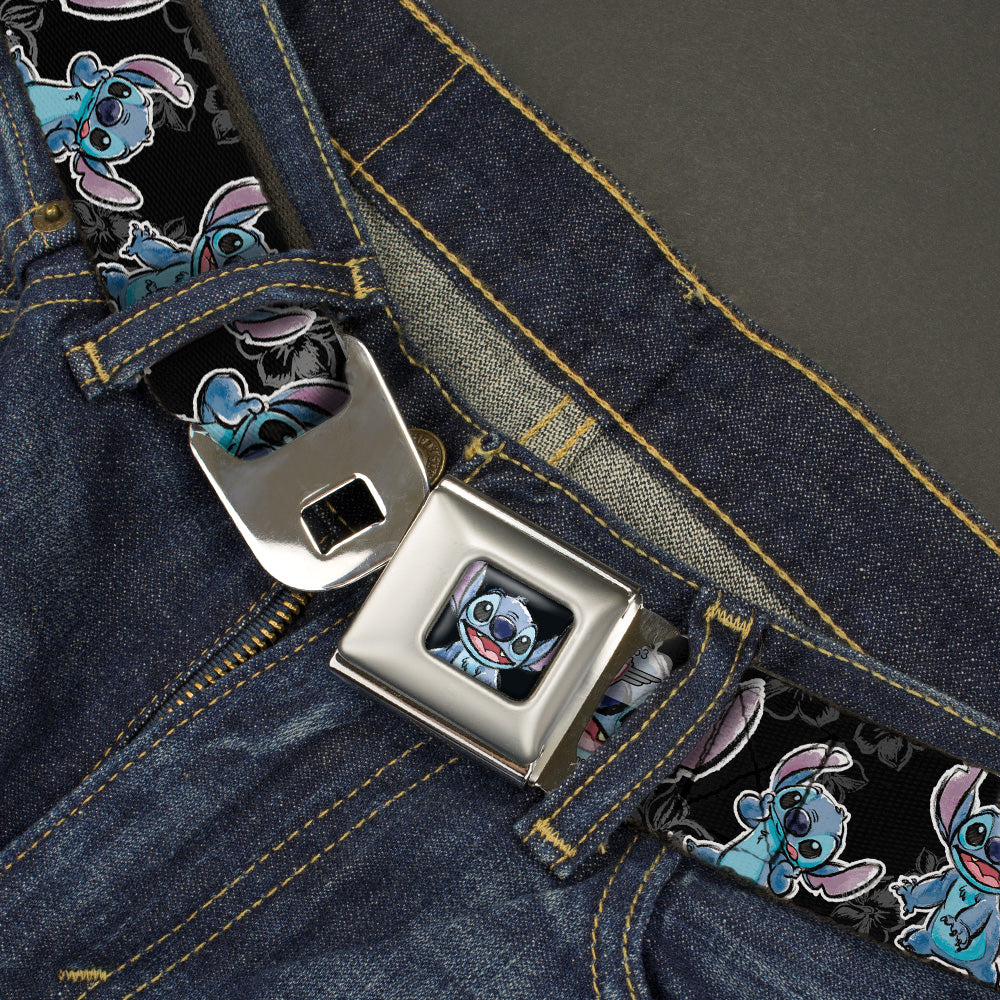 Stitch Face Sketch CLOSE-UP Full Color Black Seatbelt Belt - Stitch Poses/Hibiscus Sketch Black/Gray/Blue Webbing Seatbelt Belts Disney