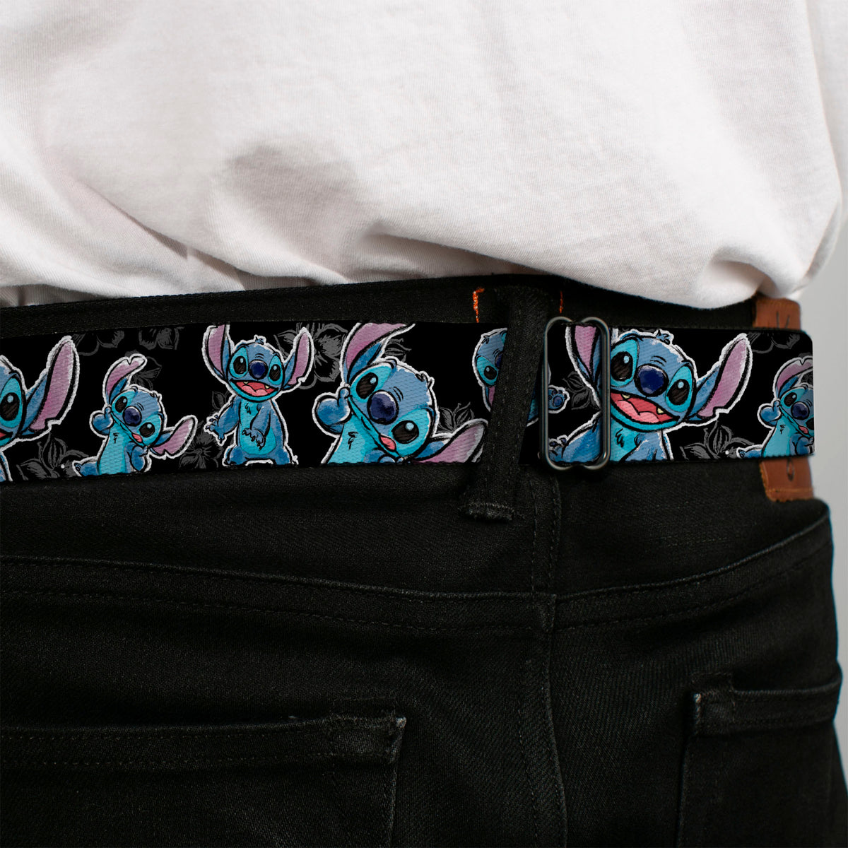 Stitch Face Sketch CLOSE-UP Full Color Black Seatbelt Belt - Stitch Poses/Hibiscus Sketch Black/Gray/Blue Webbing Seatbelt Belts Disney