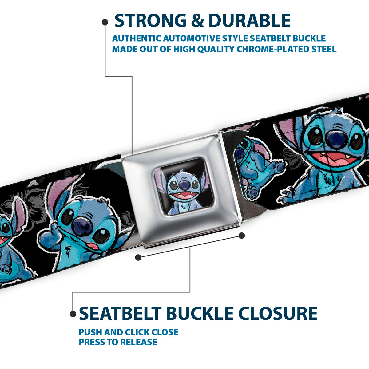 Stitch Face Sketch CLOSE-UP Full Color Black Seatbelt Belt - Stitch Poses/Hibiscus Sketch Black/Gray/Blue Webbing Seatbelt Belts Disney