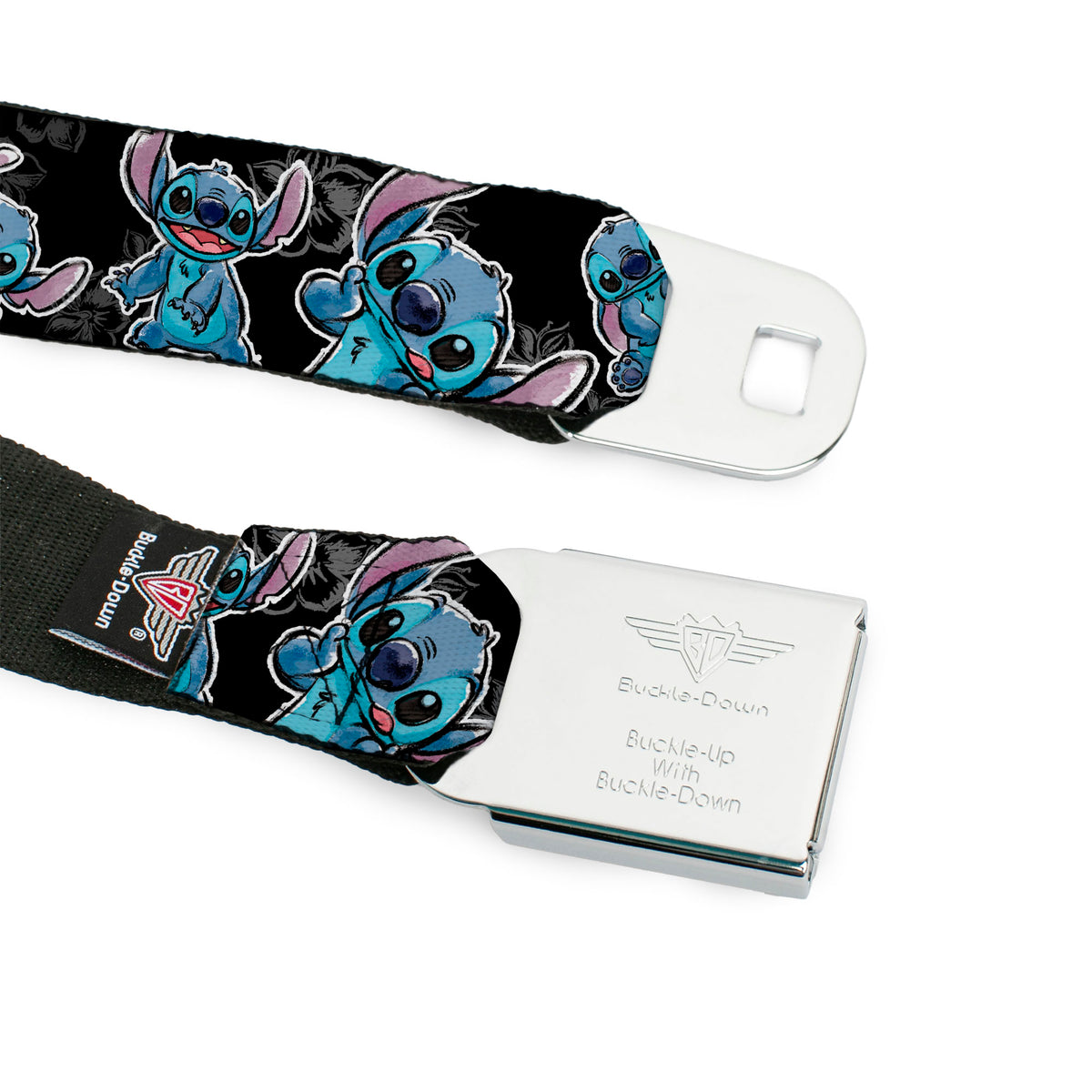 Stitch Face Sketch CLOSE-UP Full Color Black Seatbelt Belt - Stitch Poses/Hibiscus Sketch Black/Gray/Blue Webbing Seatbelt Belts Disney