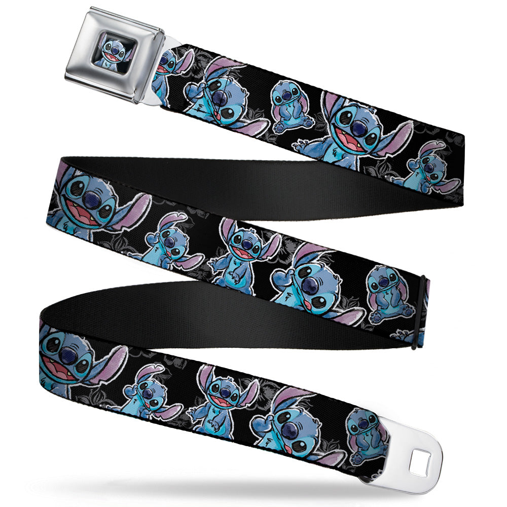 Stitch Face Sketch CLOSE-UP Full Color Black Seatbelt Belt - Stitch Poses/Hibiscus Sketch Black/Gray/Blue Webbing Seatbelt Belts Disney