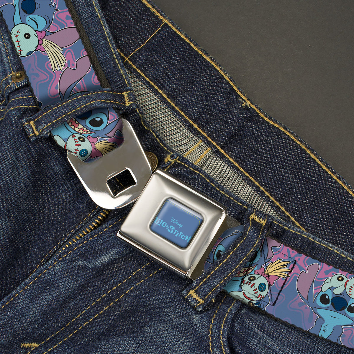 LILO & STITCH Title Logo Full Color Blues Seatbelt Belt - Lilo & Stitch Stitch and Scrump Poses Blues/Purples Webbing Seatbelt Belts Disney
