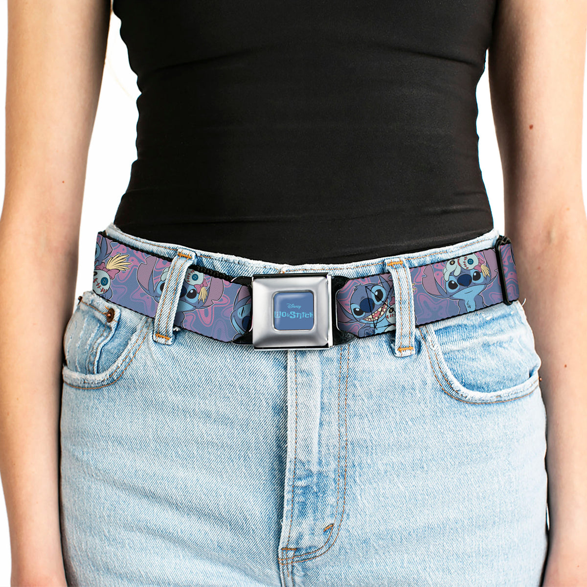 LILO & STITCH Title Logo Full Color Blues Seatbelt Belt - Lilo & Stitch Stitch and Scrump Poses Blues/Purples Webbing Seatbelt Belts Disney