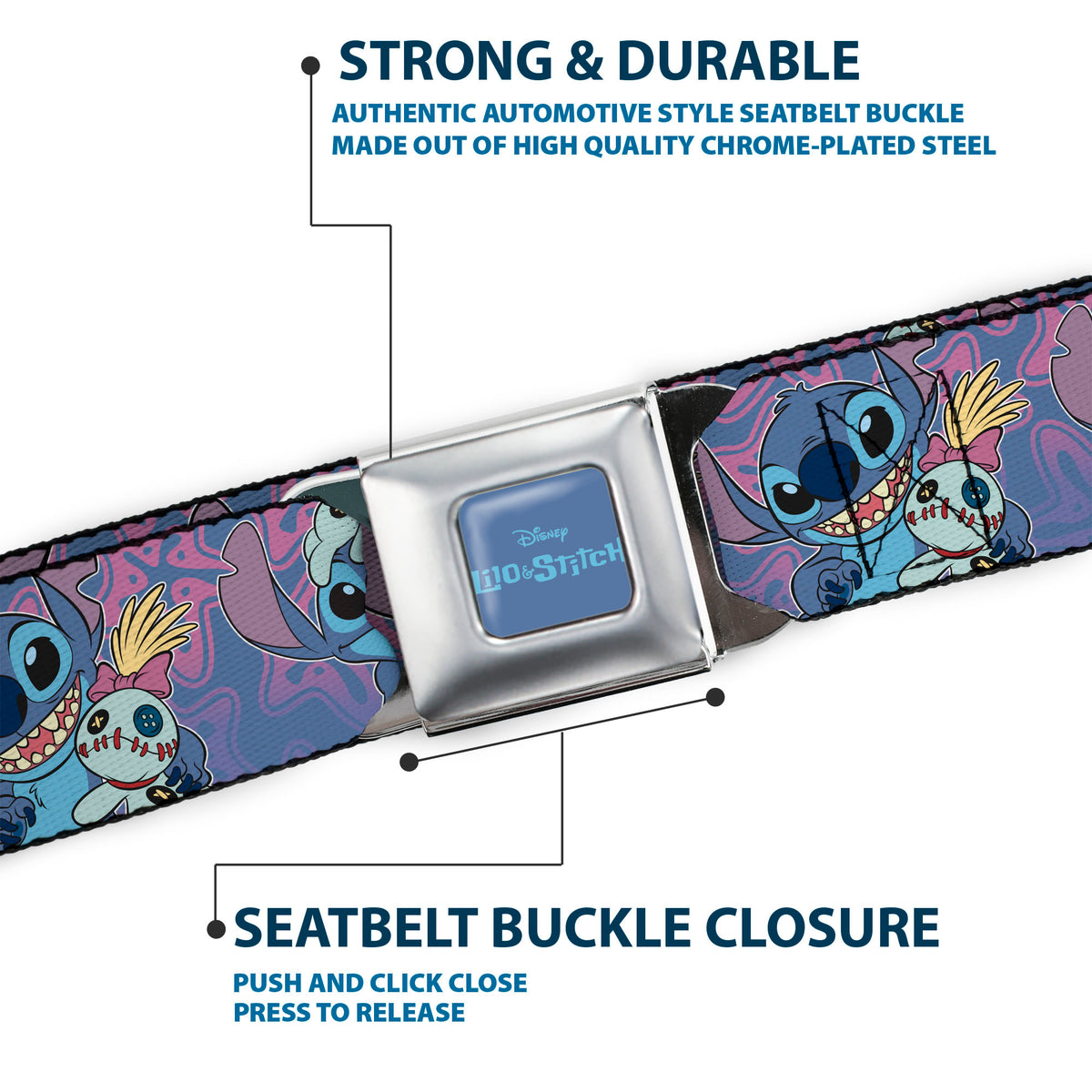 LILO & STITCH Title Logo Full Color Blues Seatbelt Belt - Lilo & Stitch Stitch and Scrump Poses Blues/Purples Webbing Seatbelt Belts Disney