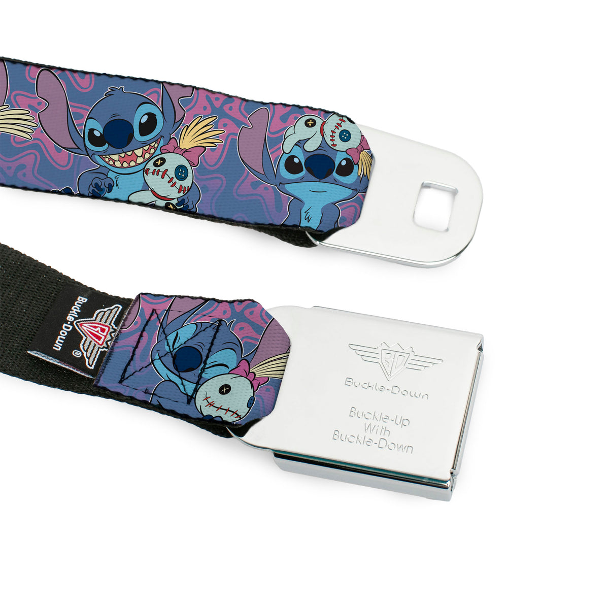 LILO & STITCH Title Logo Full Color Blues Seatbelt Belt - Lilo & Stitch Stitch and Scrump Poses Blues/Purples Webbing Seatbelt Belts Disney