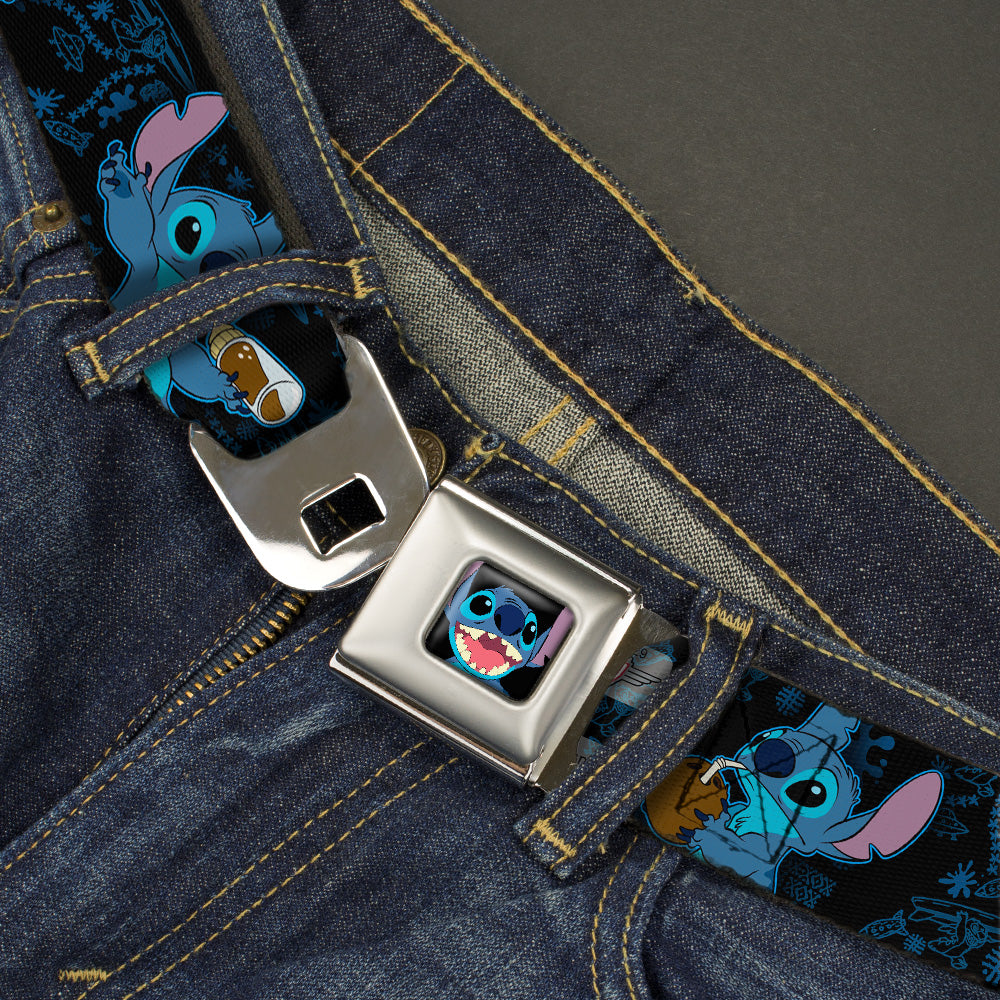 Stitch Smiling CLOSE-UP Full Color Seatbelt Belt - Stitch Snacking Poses Black/Blue Webbing Seatbelt Belts Disney