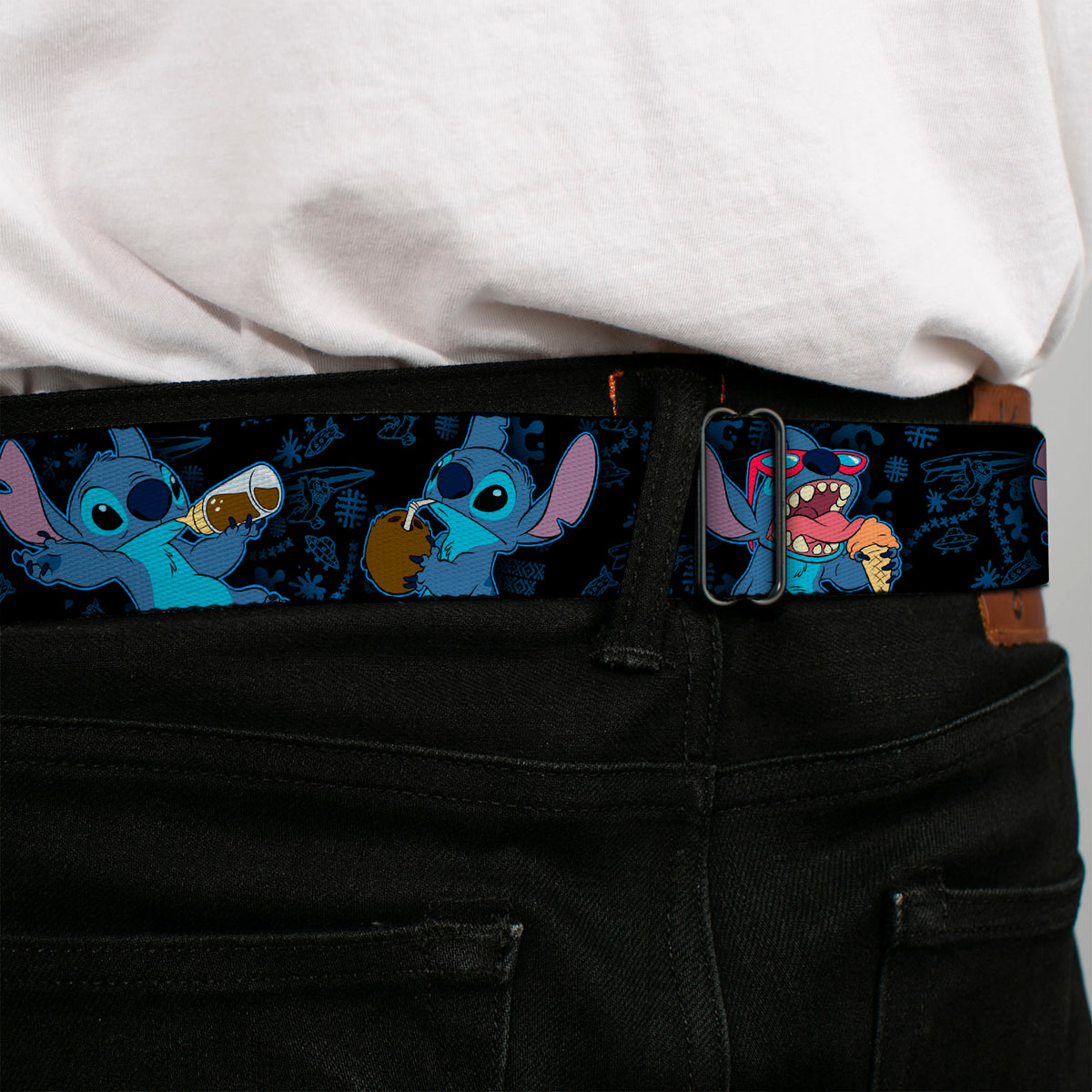 Stitch Smiling CLOSE-UP Full Color Seatbelt Belt - Stitch Snacking Poses Black/Blue Webbing Seatbelt Belts Disney