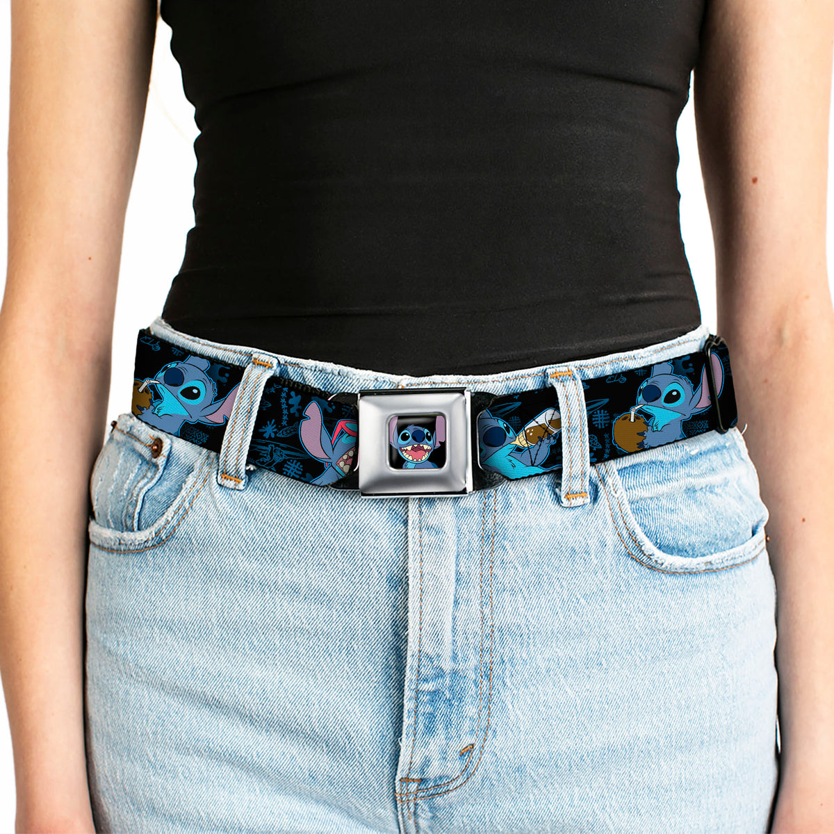 Stitch Smiling CLOSE-UP Full Color Seatbelt Belt - Stitch Snacking Poses Black/Blue Webbing Seatbelt Belts Disney
